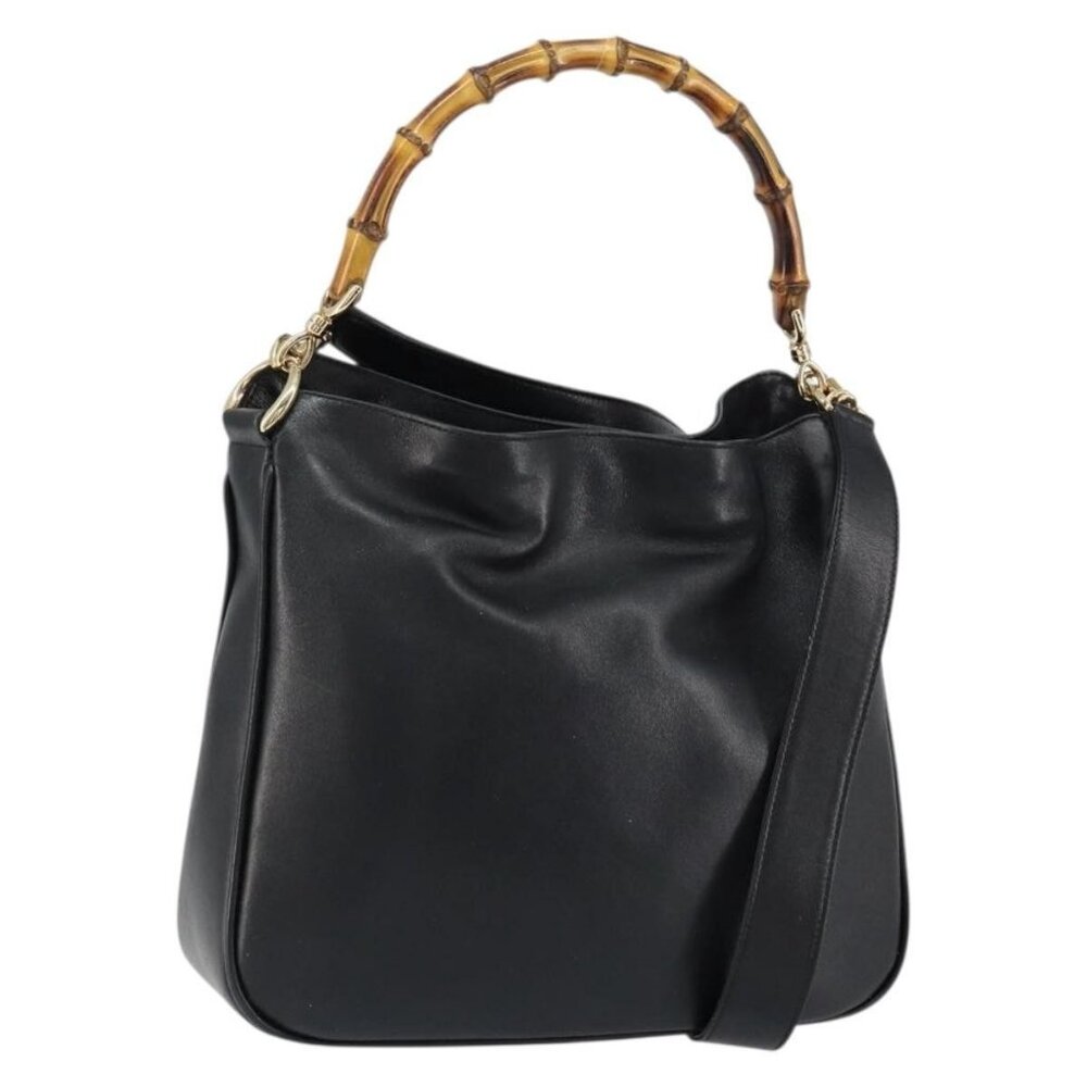 Authentic GUCCI Bamboo Shoulder Bag Leather Black Gold 001 3166